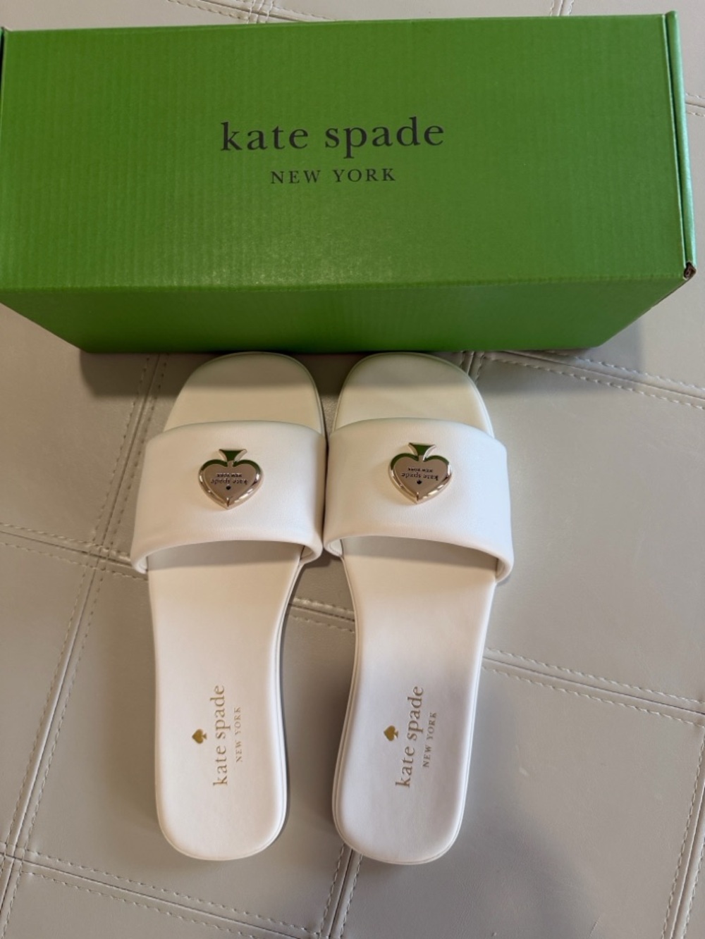 kate spade cream Slide Sandals with Heart Apple Accent